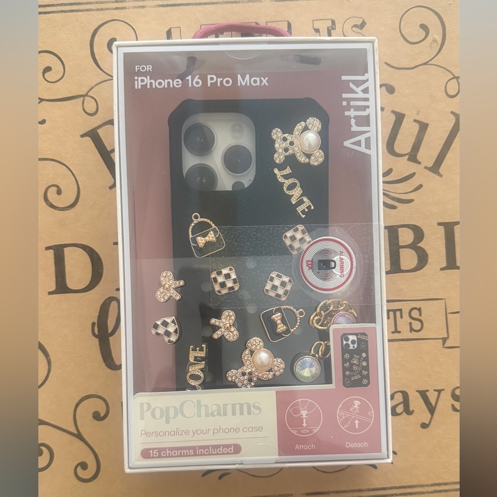 iPhone 16 Pro Max Black Case with Gold Charms